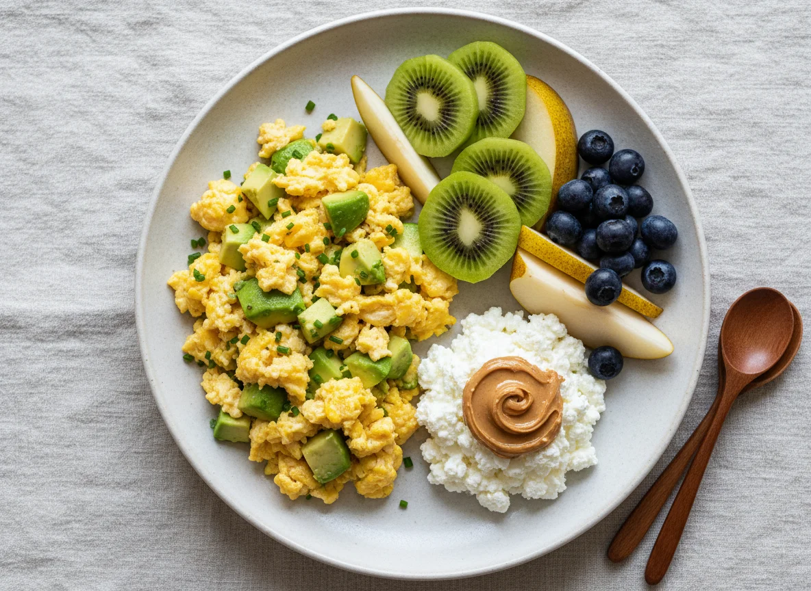 Breakfast Platter with Eggs, Fruit, and Cottage Cheese photo