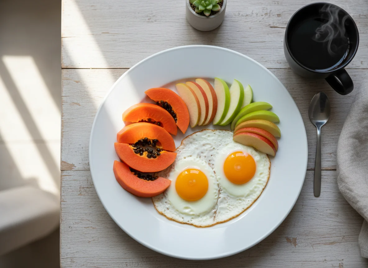 Breakfast Platter with Eggs, Papaya, Apple, and Coffee photo