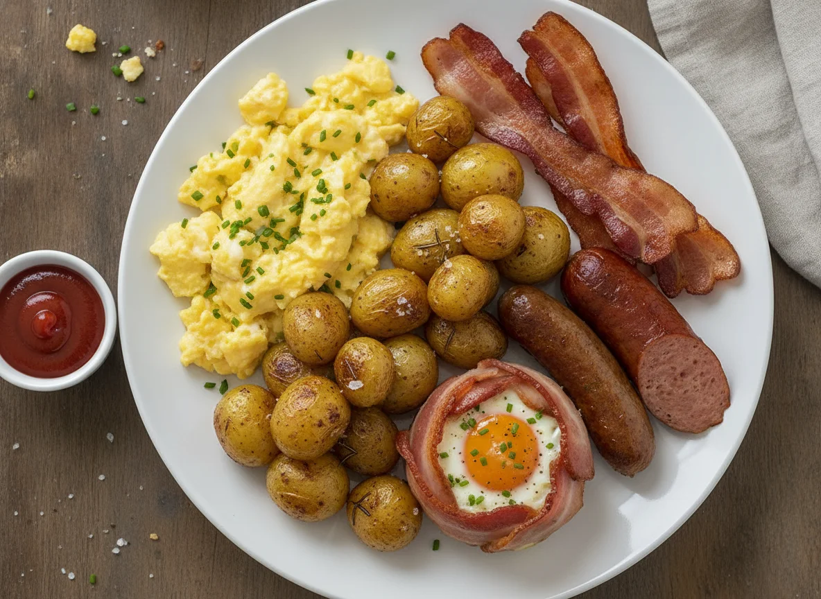 Breakfast Platter with Eggs, Potatoes, and Meats photo