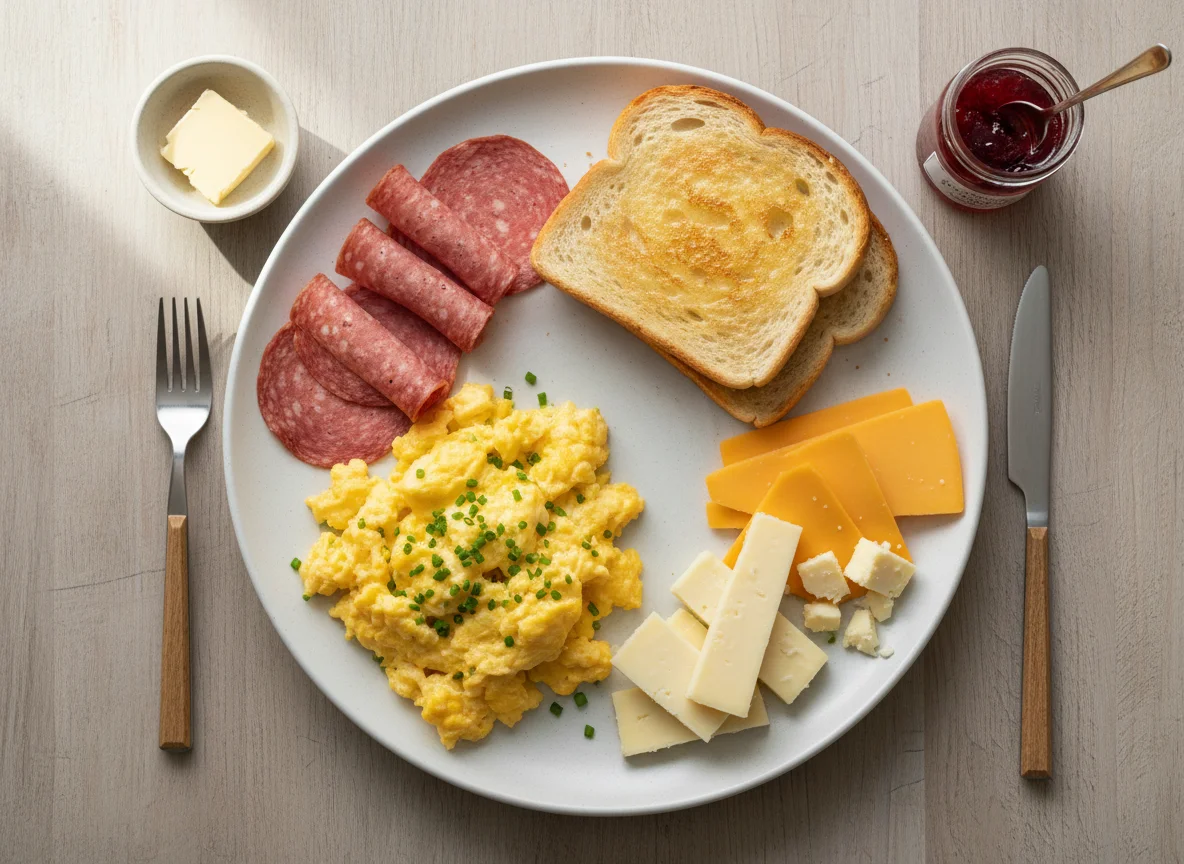 Breakfast platter with eggs, salami, cheese, and bread photo
