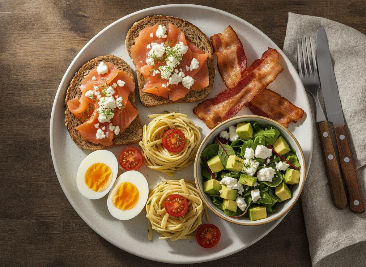 Breakfast platter with eggs, salmon toast, bacon, and avocado photo