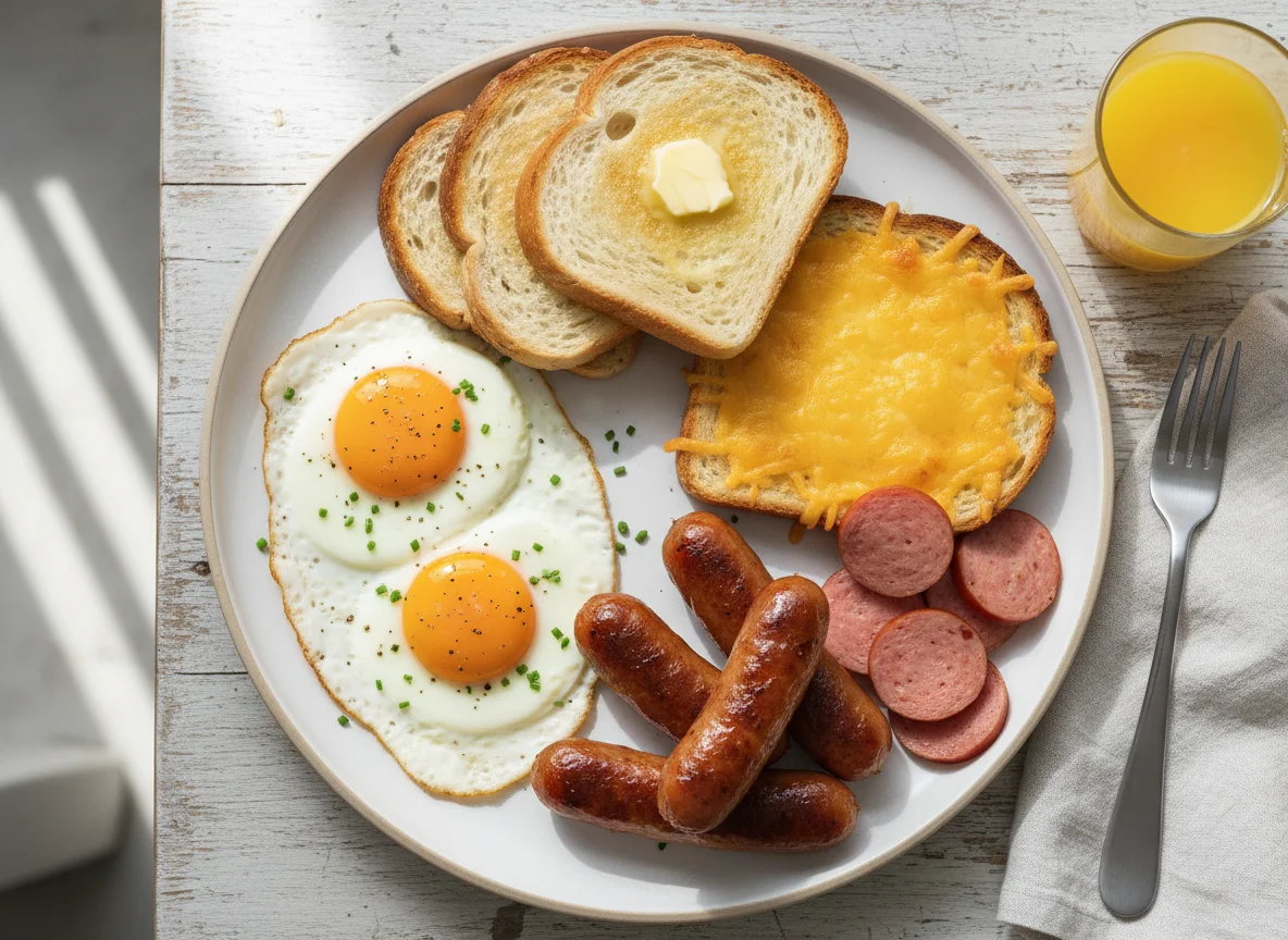 Breakfast Platter with Eggs, Toast, Sausages and Cheese Toast photo