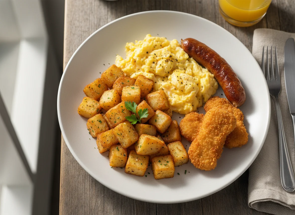 Breakfast Platter with Fried Chicken, Eggs, Sausage, and Potatoes photo