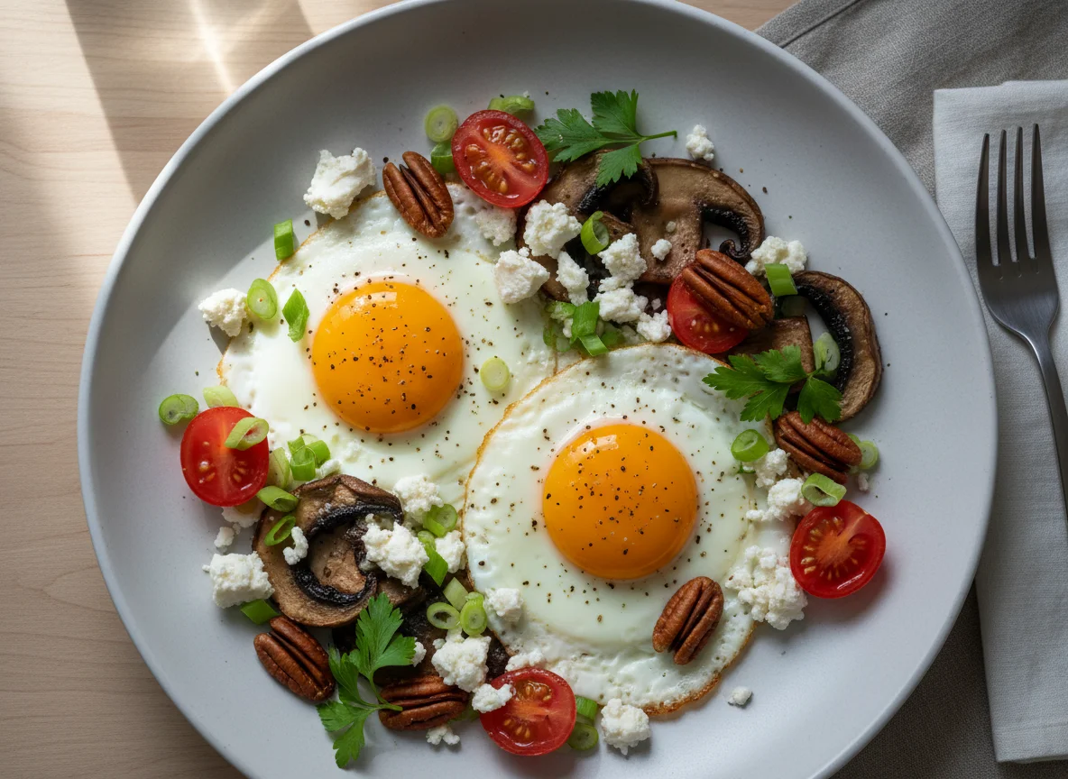 Breakfast platter with fried eggs and vegetables photo