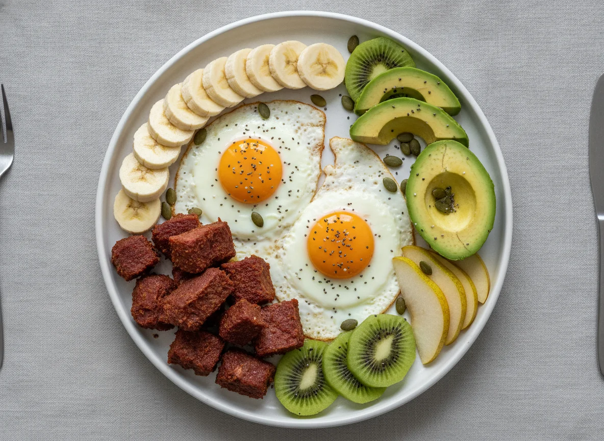 Breakfast platter with fried eggs, khlii, and fruit photo
