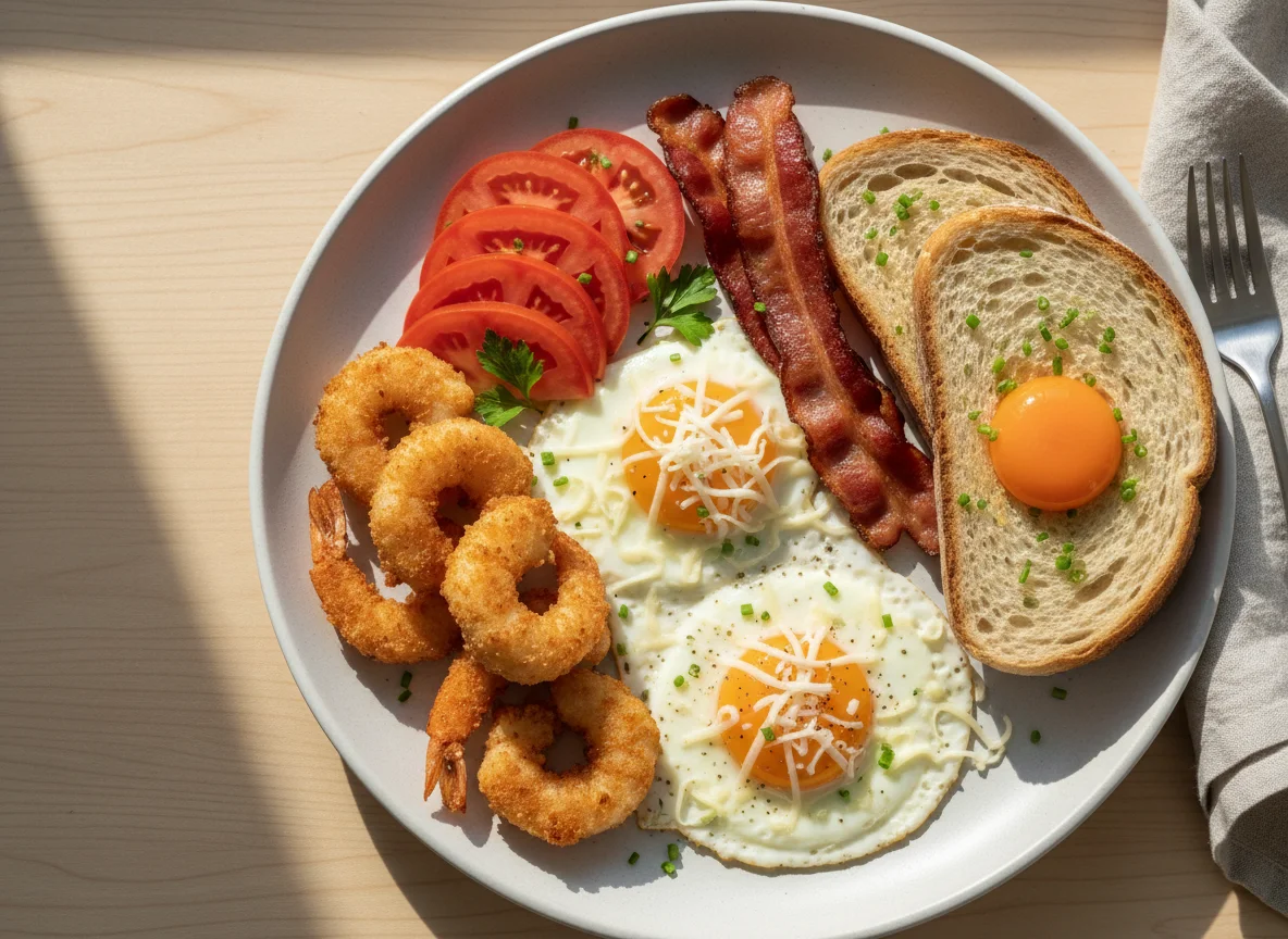 Breakfast Platter with Fried Eggs, Shrimp Tempura, and Toast photo