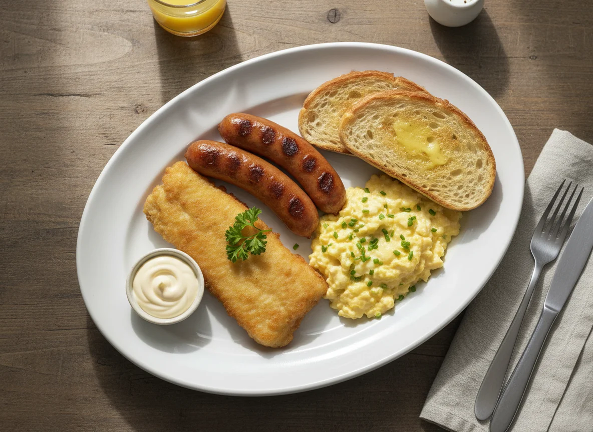 Breakfast Platter with Fried Fish and Sausage photo
