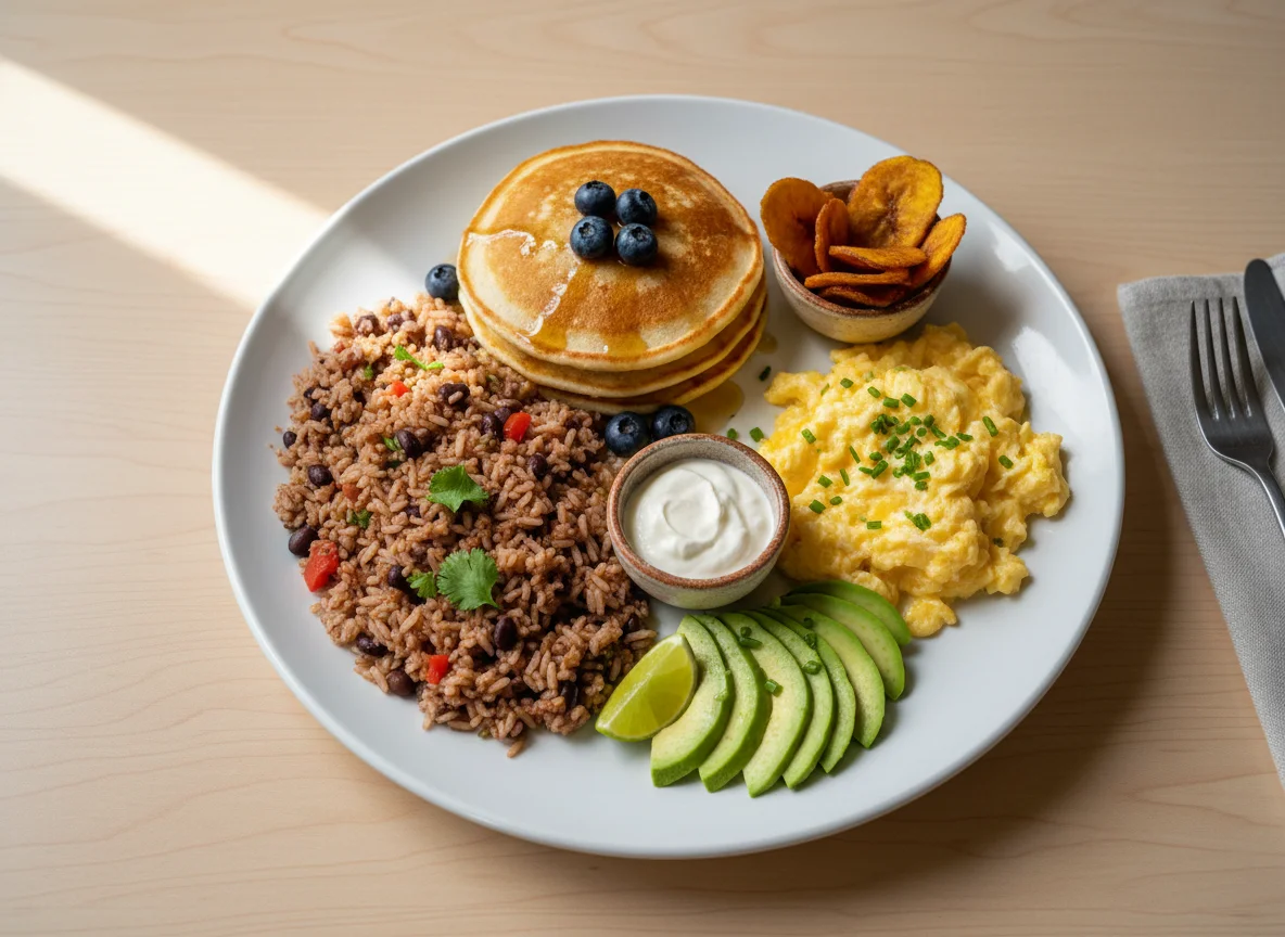 Breakfast Platter with Gallo Pinto, Eggs, Pancake, and Avocado photo