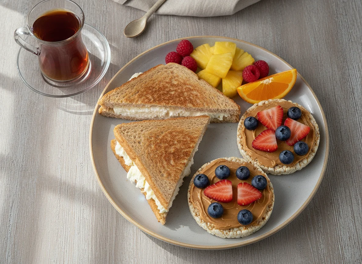 Breakfast Platter with Grilled Sandwich and Fruit photo