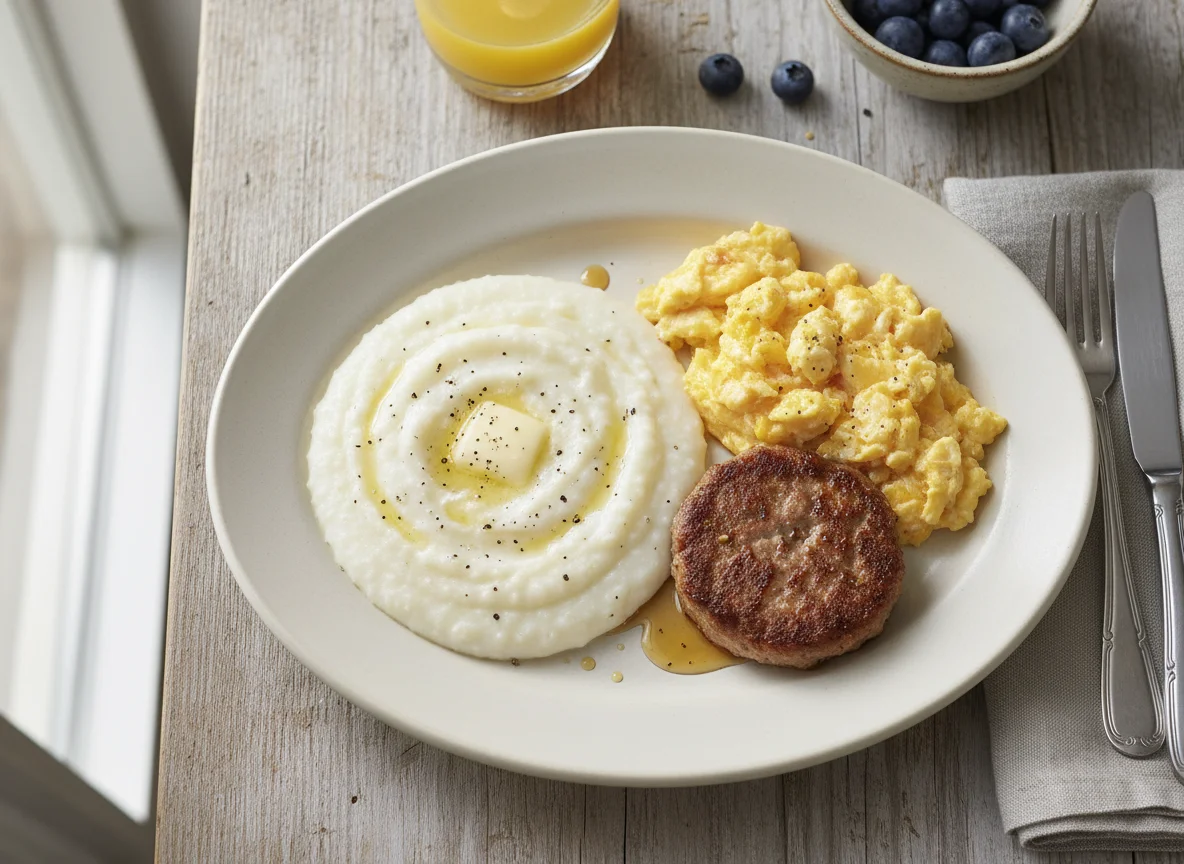 Breakfast Platter with Grits, Eggs, and Sausage photo