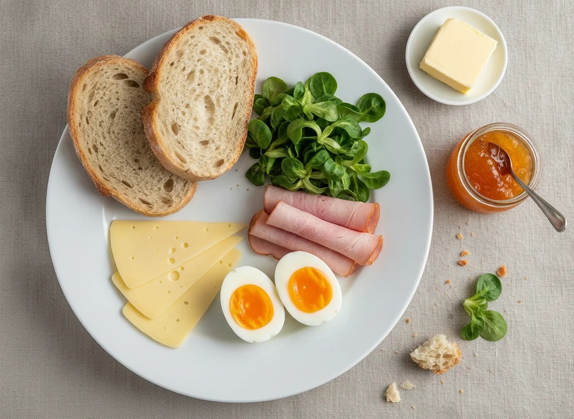 Breakfast platter with ham, cheese, and soft-boiled egg photo