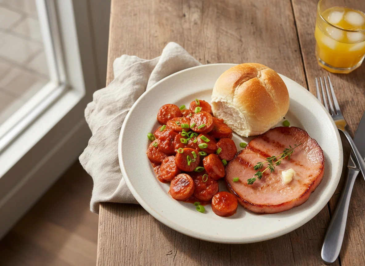 Breakfast Platter with Hot Dogs, Ham, and Bread photo