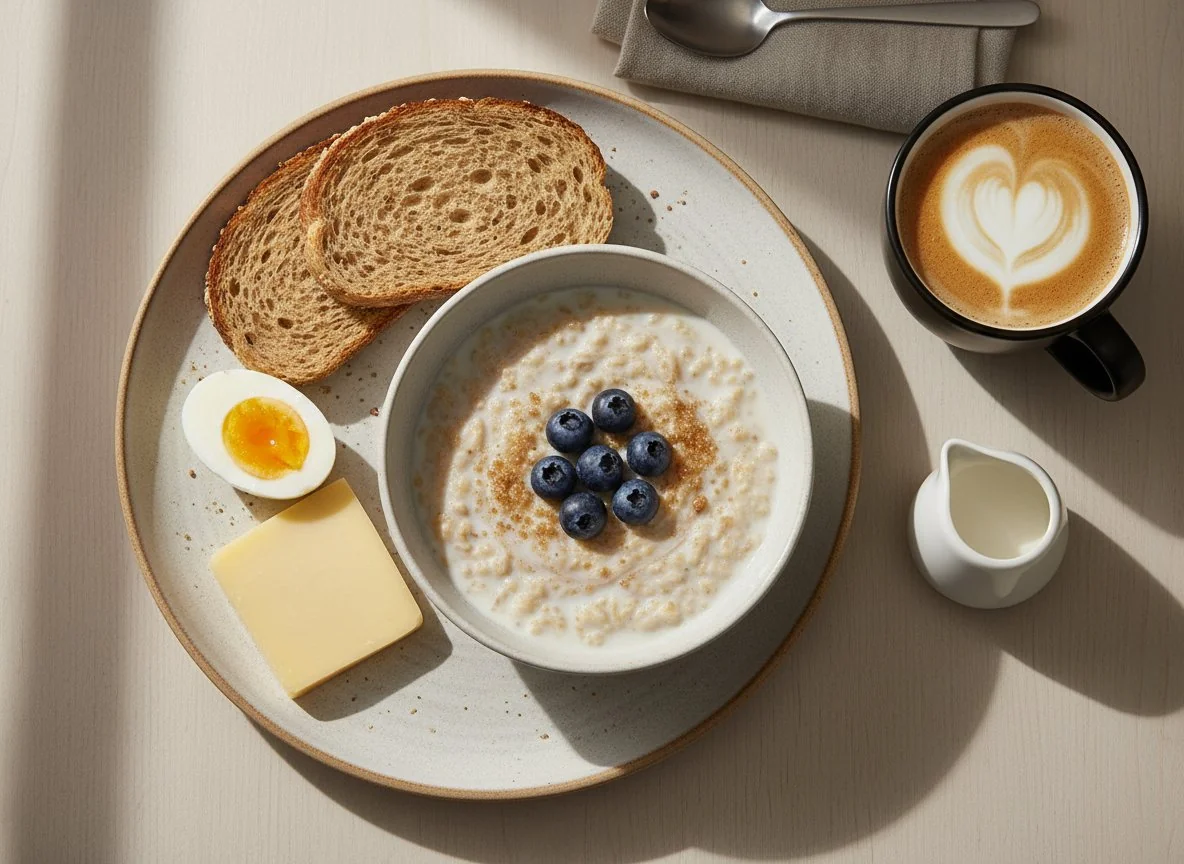 Breakfast Platter with Oatmeal and Coffee photo