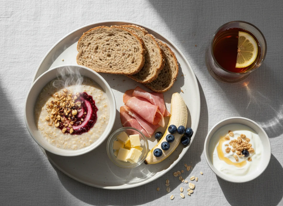 Breakfast platter with oatmeal, bread, ham, butter, banana and tea photo