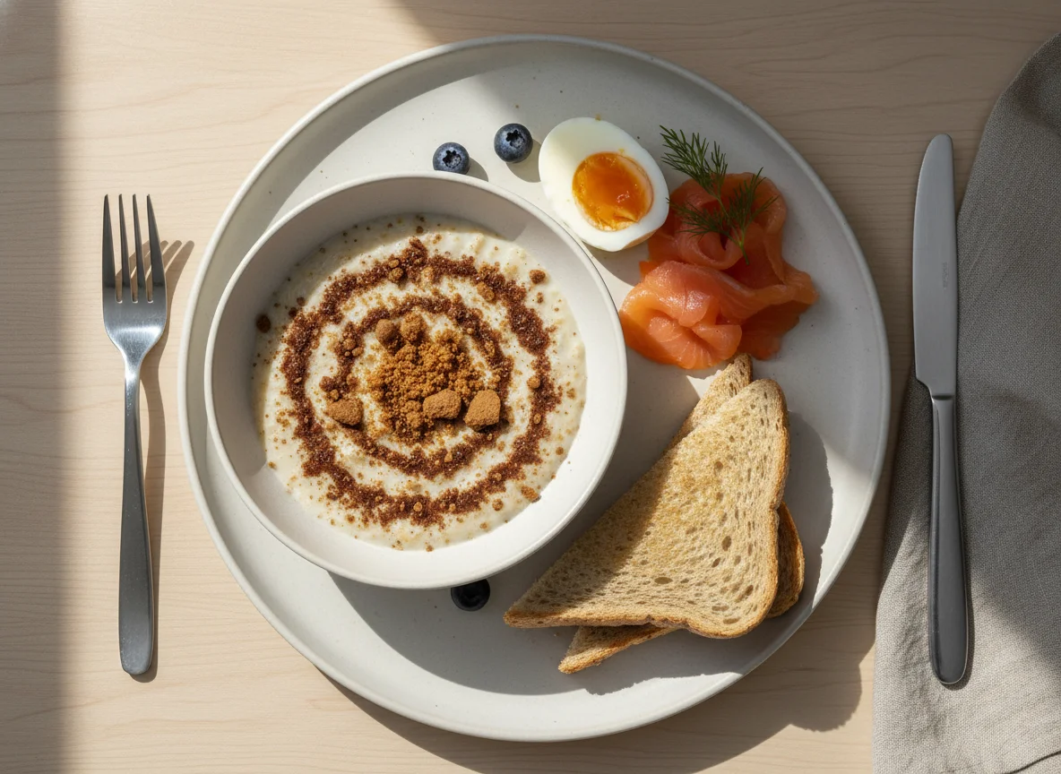 Breakfast platter with oatmeal, eggs, smoked salmon, and toast photo