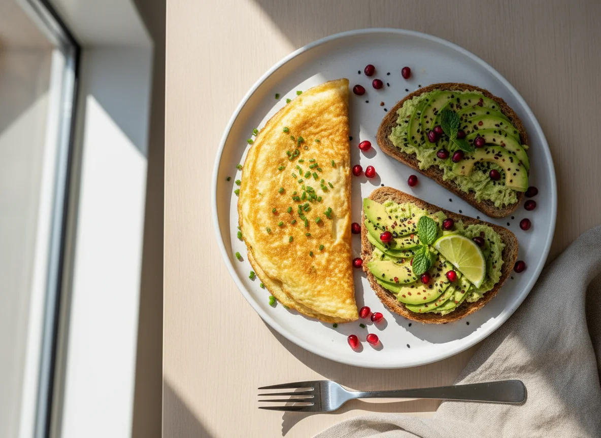 Breakfast Platter with Omelette, Avocado Toast, and Pomegranate photo