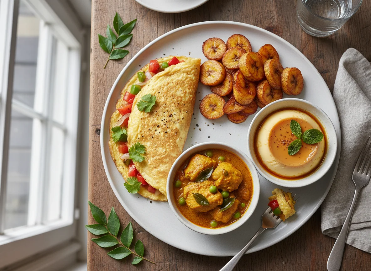 Breakfast Platter with Omelette, Plantains, Curry, and Pudding photo