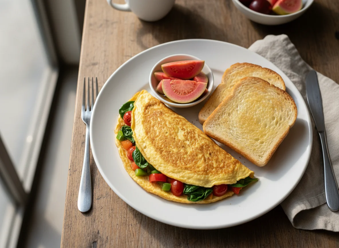 Breakfast Platter with Omelette, Toast, and Guava photo