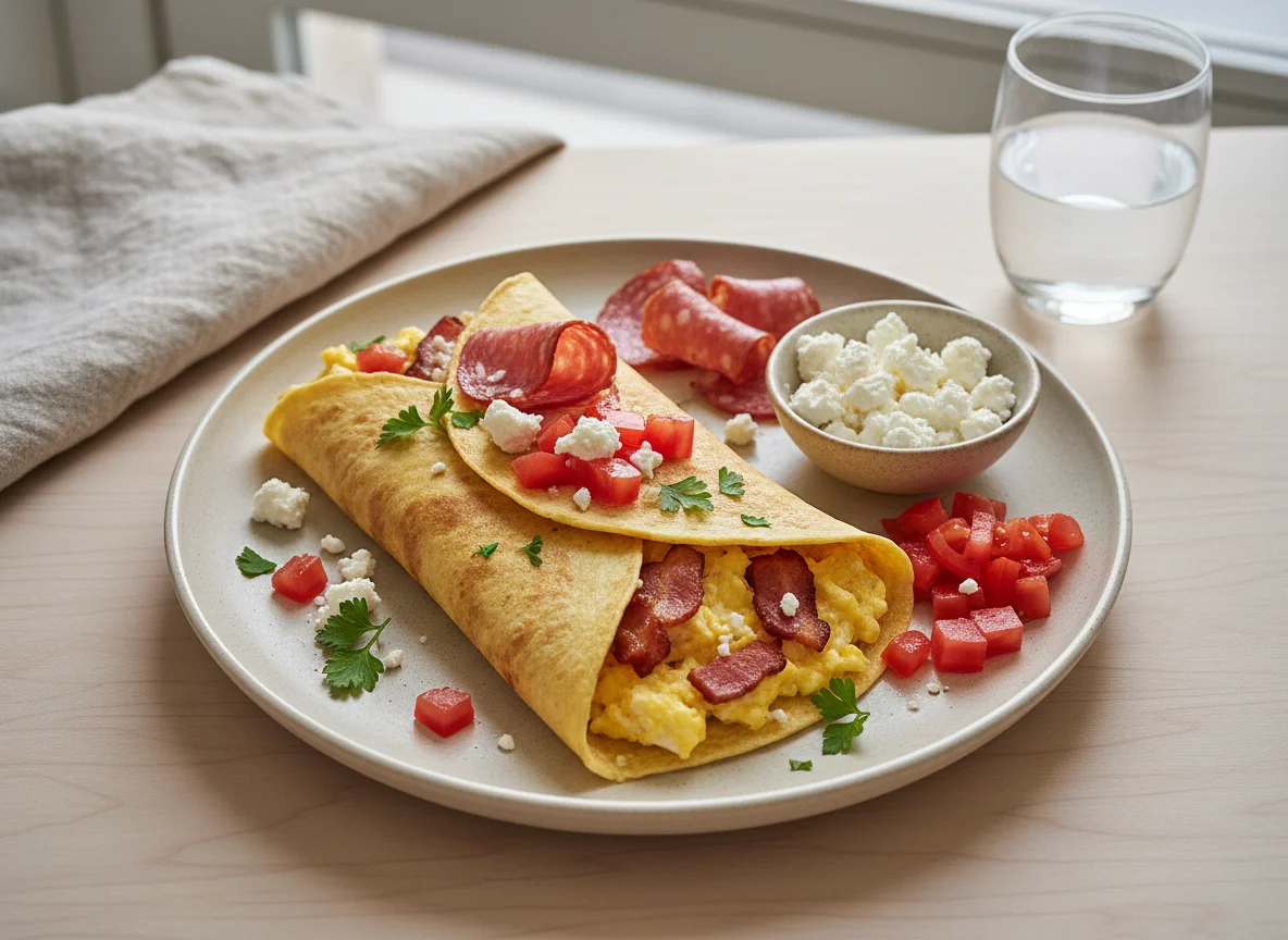 Breakfast platter with omelette wrap photo