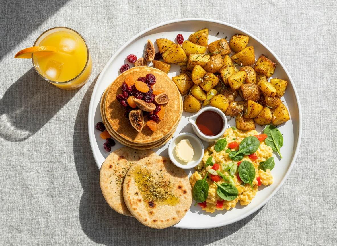 Breakfast Platter with Pancakes and Juice photo