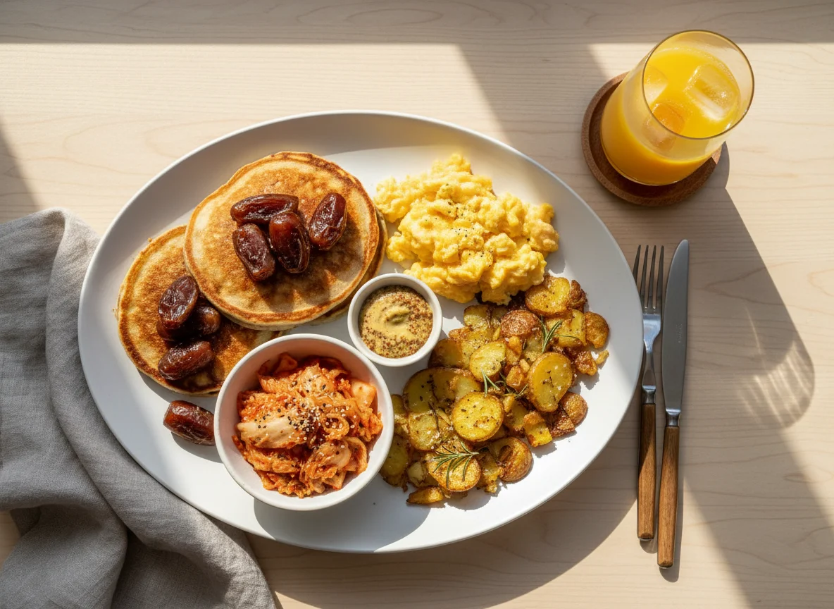 Breakfast Platter with Pancakes and Orange Juice photo