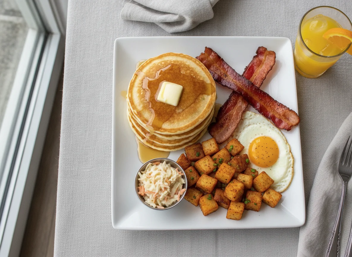 Breakfast Platter with Pancakes, Bacon, and Potatoes photo