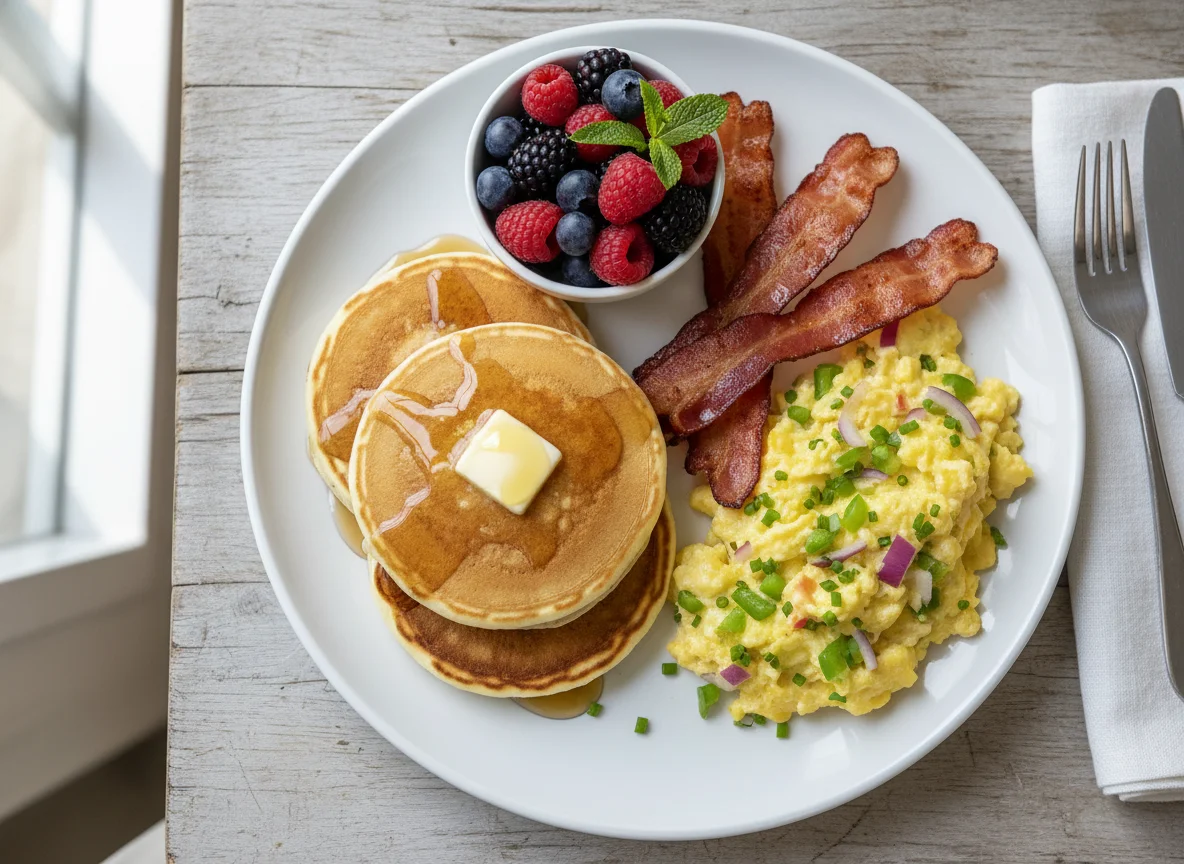 Breakfast Platter with Pancakes, Bacon, and Scrambled Eggs photo