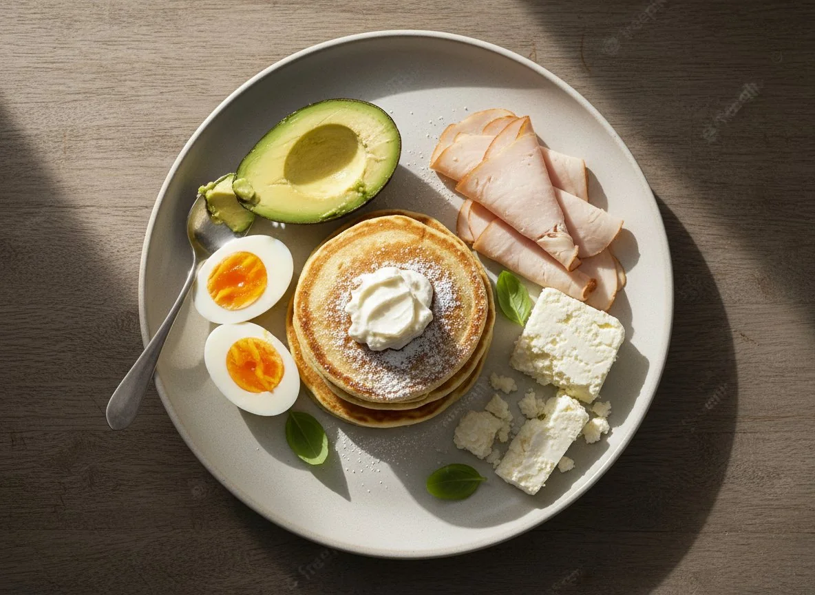 Breakfast Platter with Pancakes, Eggs, Avocado, and Cheese photo