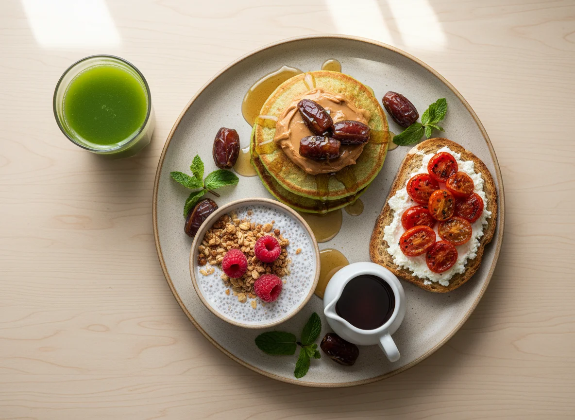 Breakfast Platter with Pancakes, Toast, and Chia Pudding photo