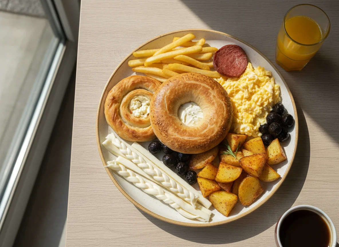 Breakfast Platter with Pastries, Eggs, and Fries photo