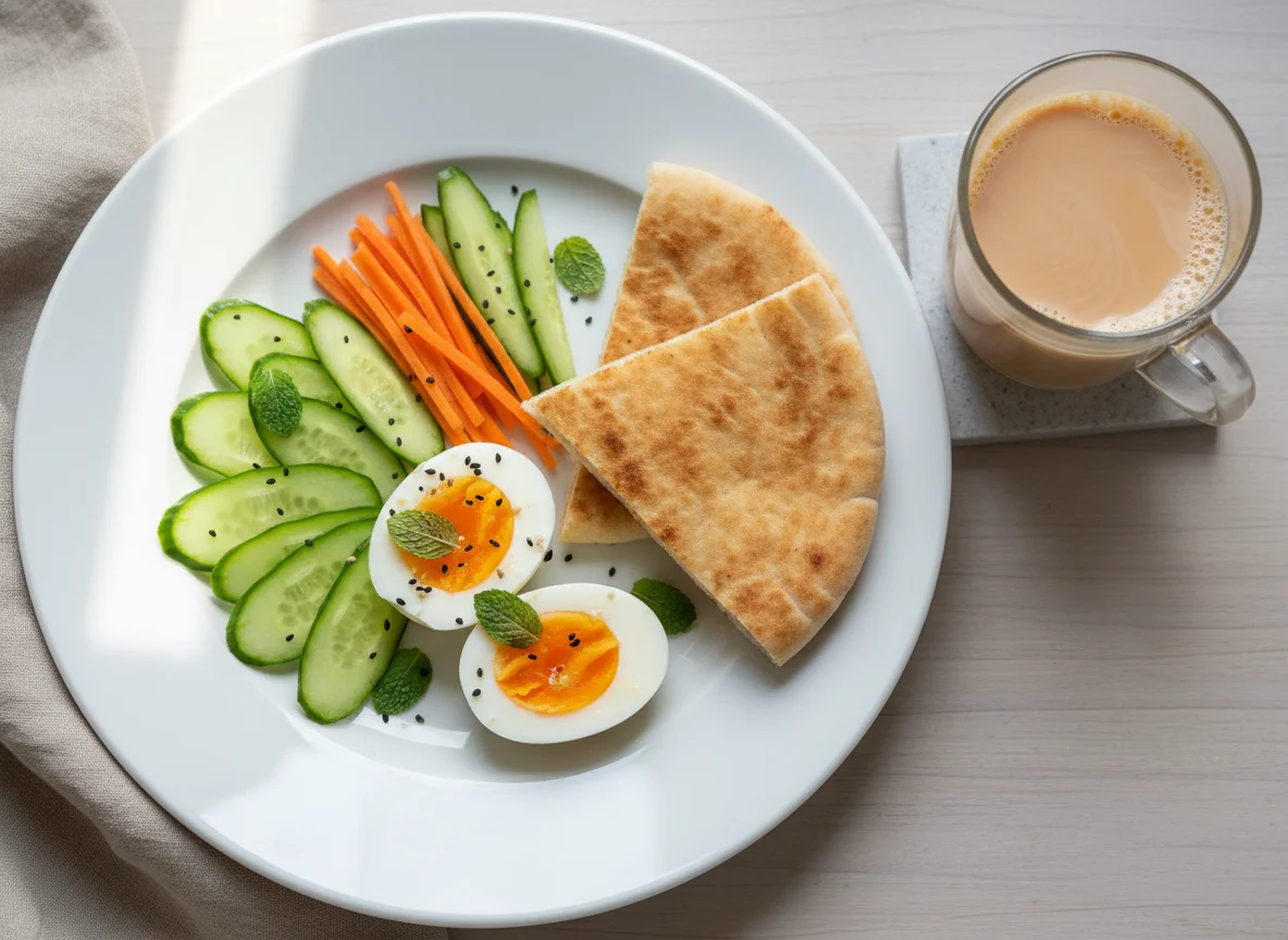 Breakfast Platter with Pita Bread and Tea photo