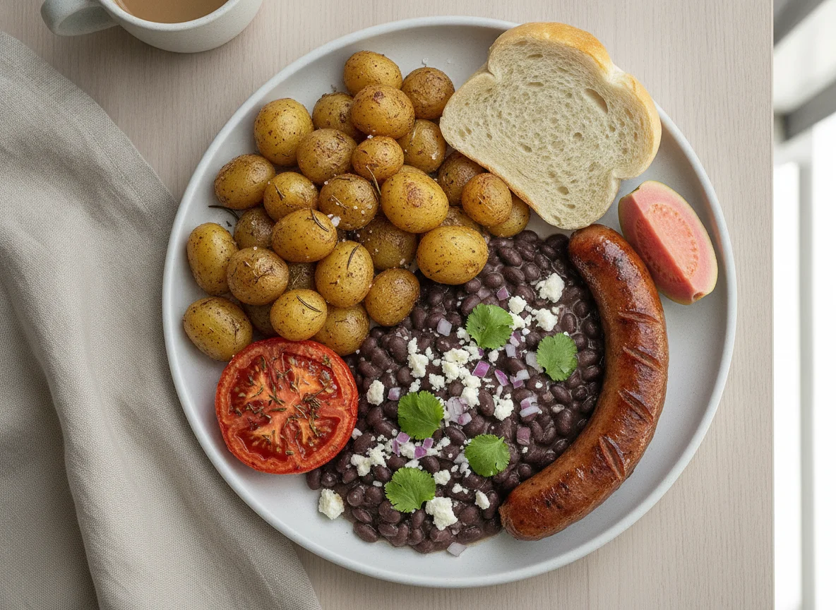 Breakfast Platter with Potatoes, Beans, and Bread photo