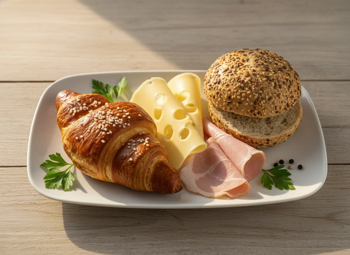 Breakfast platter with pretzel croissant, seeded roll, cheese, and ham photo