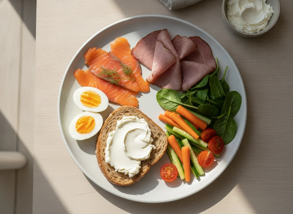 Breakfast platter with salmon, eggs, and vegetables photo