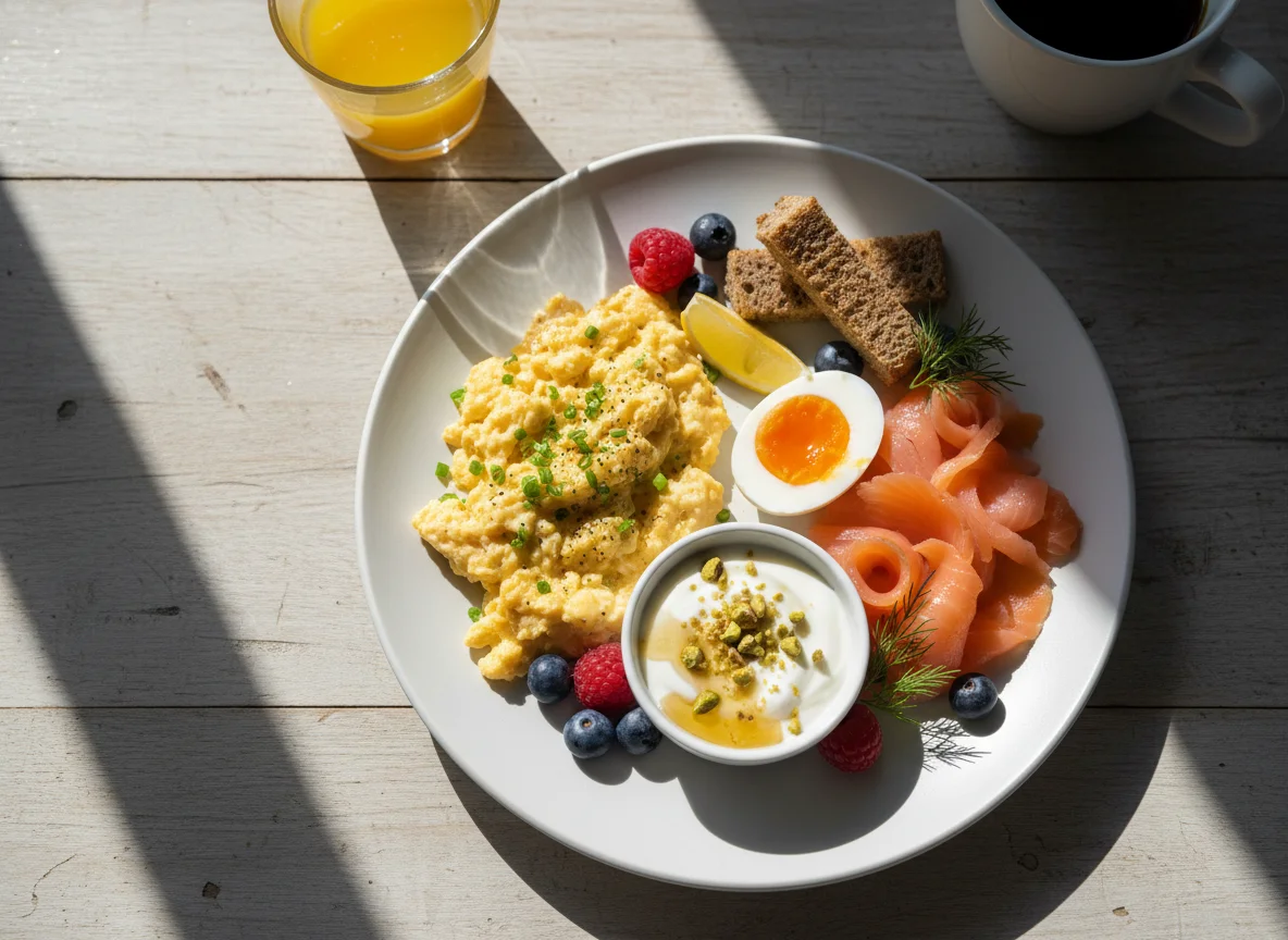 Breakfast platter with salmon, eggs, and yoghurt photo