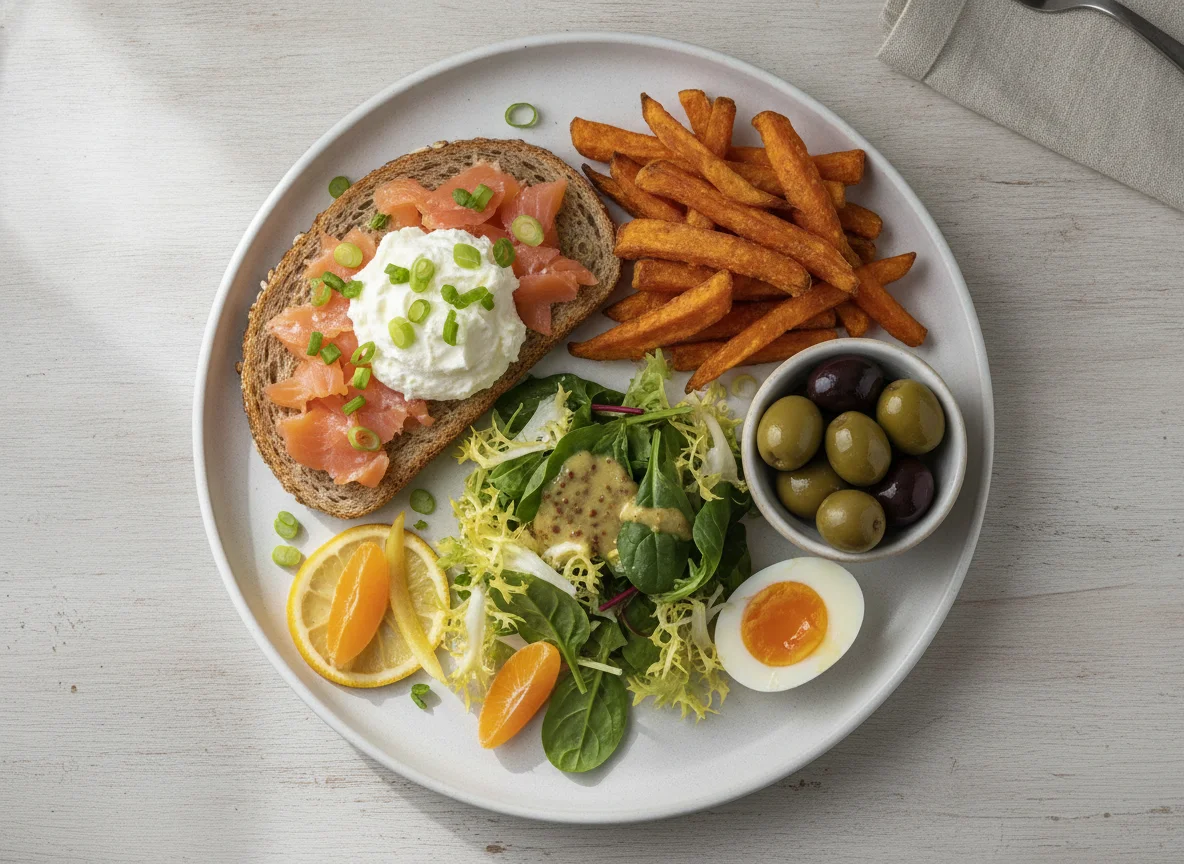 Breakfast Platter with Salmon Toast and Sweet Potato Fries photo