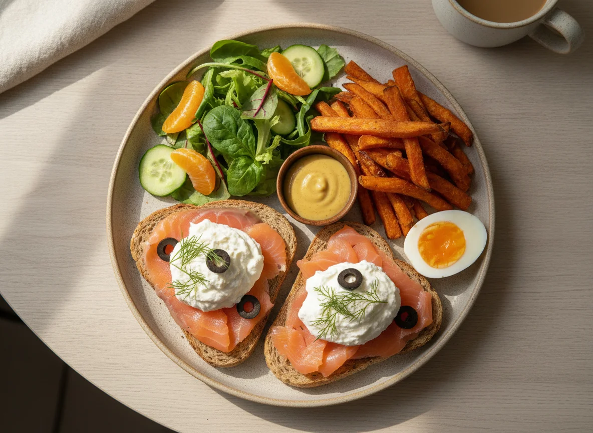 Breakfast platter with salmon toast, sweet potato fries, and egg photo