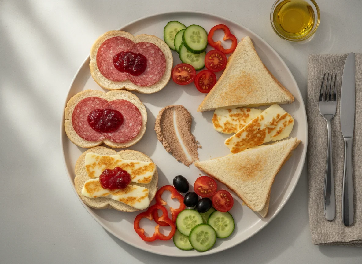 Breakfast platter with sandwiches, grilled cheese, and vegetables photo