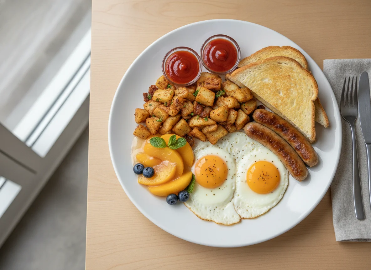 Breakfast Platter with Sausage, Eggs, Toast, Potatoes and Fruit photo