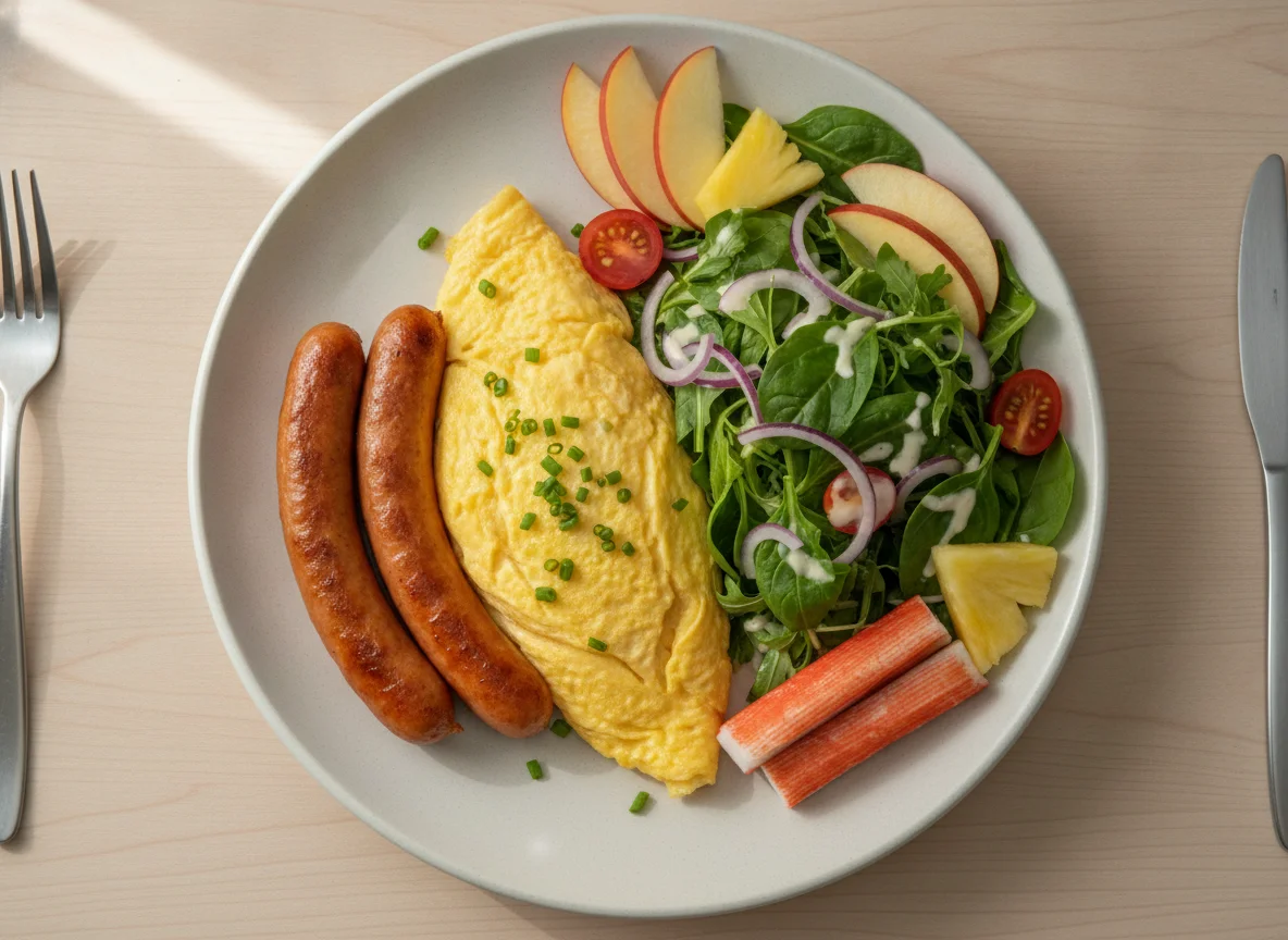 Breakfast platter with sausages, omelette, and salad photo