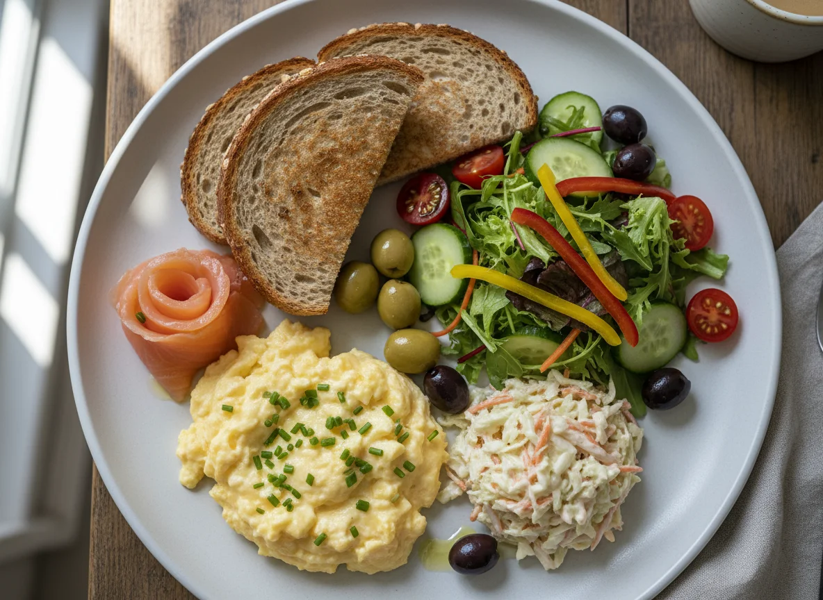 Breakfast Platter with Scrambled Eggs and Bread photo