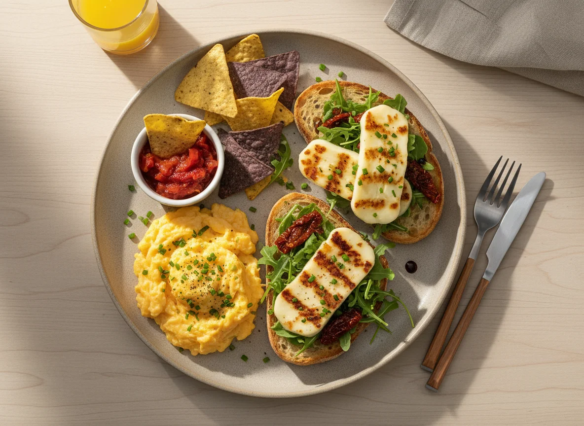Breakfast Platter with Scrambled Eggs and Halloumi Toast photo