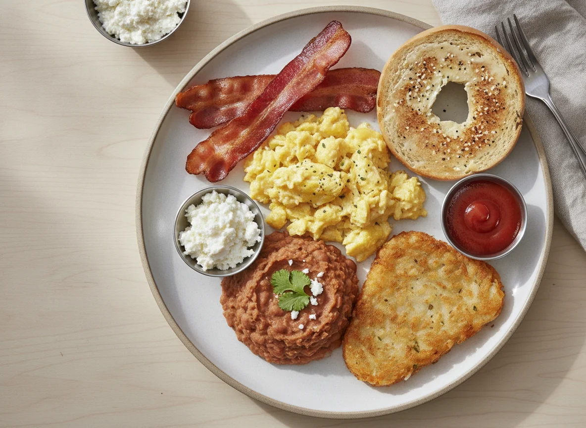 Breakfast Platter with Scrambled Eggs, Bacon, and Refried Beans photo