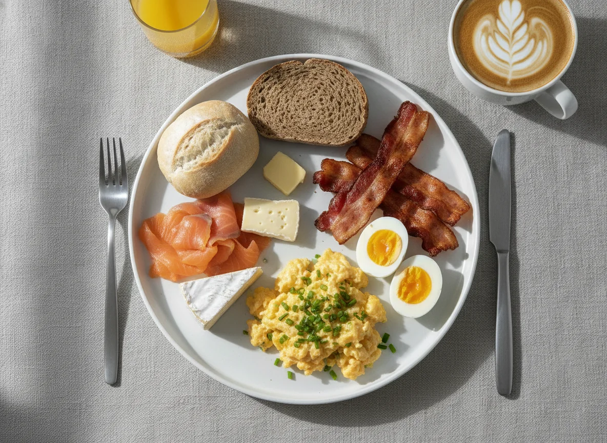 Breakfast Platter with Scrambled Eggs, Bacon, and Smoked Salmon photo