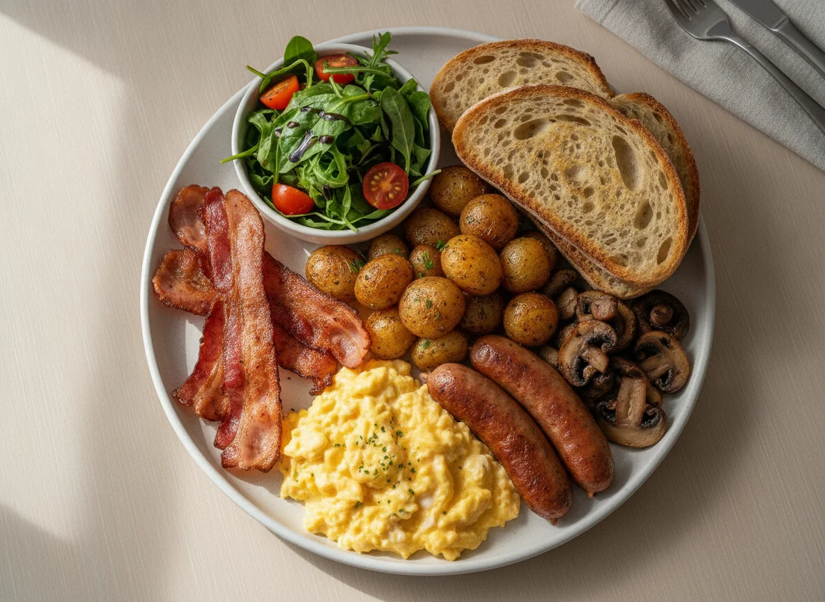 Breakfast Platter with Scrambled Eggs, Bacon, Sausage, and Sourdough photo