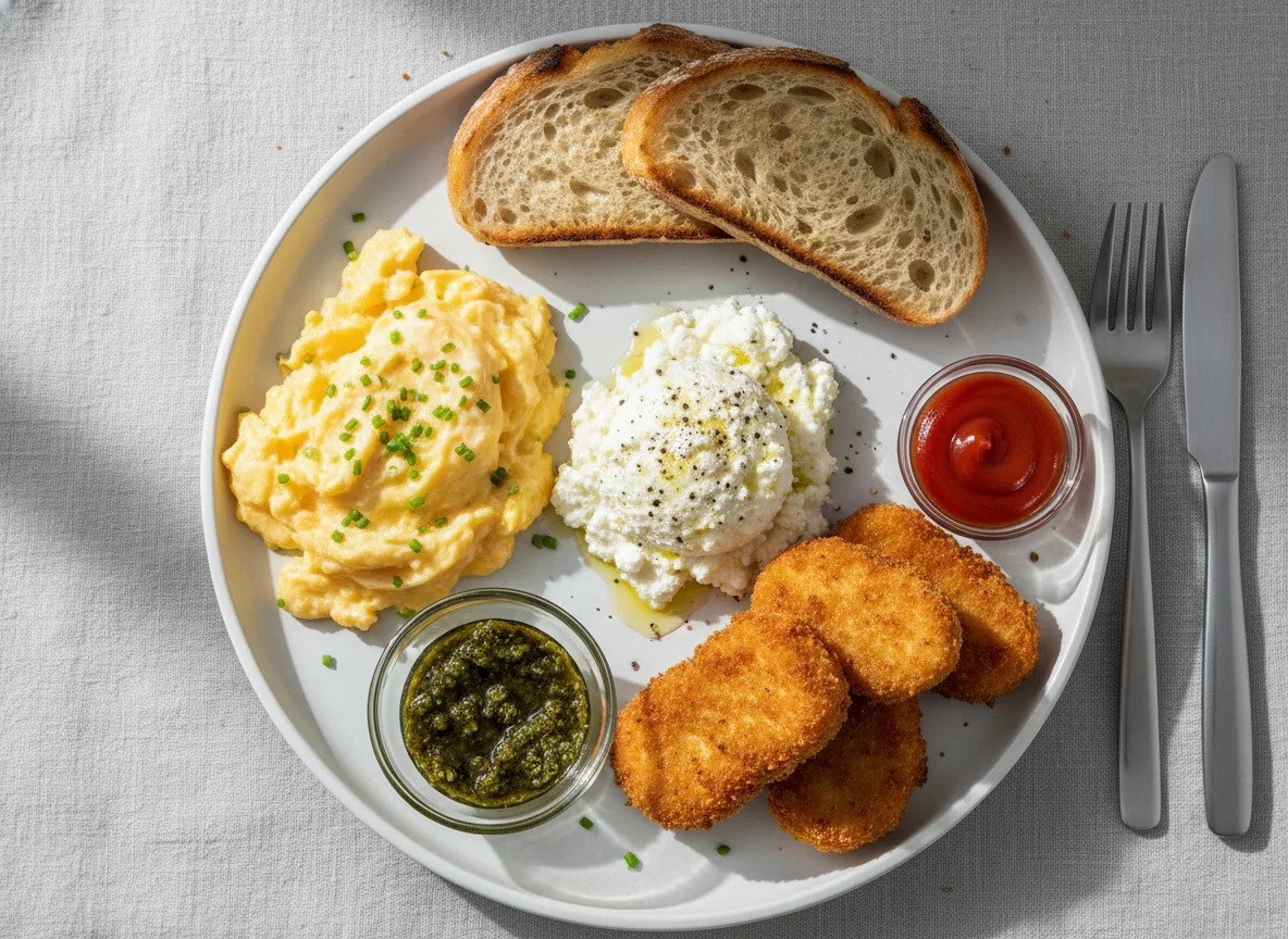 Breakfast Platter with Scrambled Eggs, Cottage Cheese, and Chicken Nuggets photo