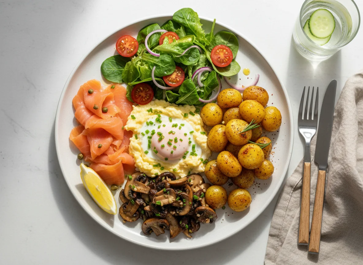 Breakfast Platter with Scrambled Eggs, Salmon, Potatoes, Mushrooms, and Salad photo