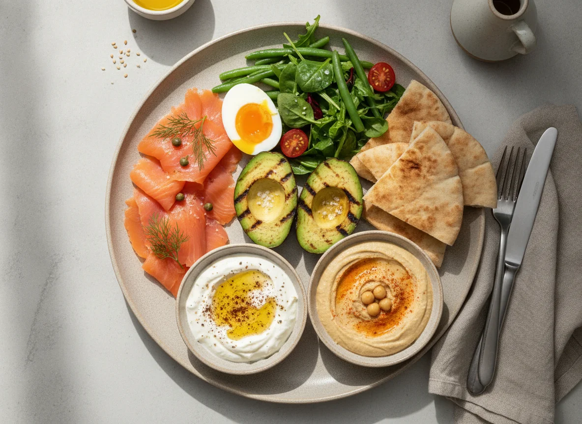 Breakfast platter with smoked salmon, egg, and pita photo