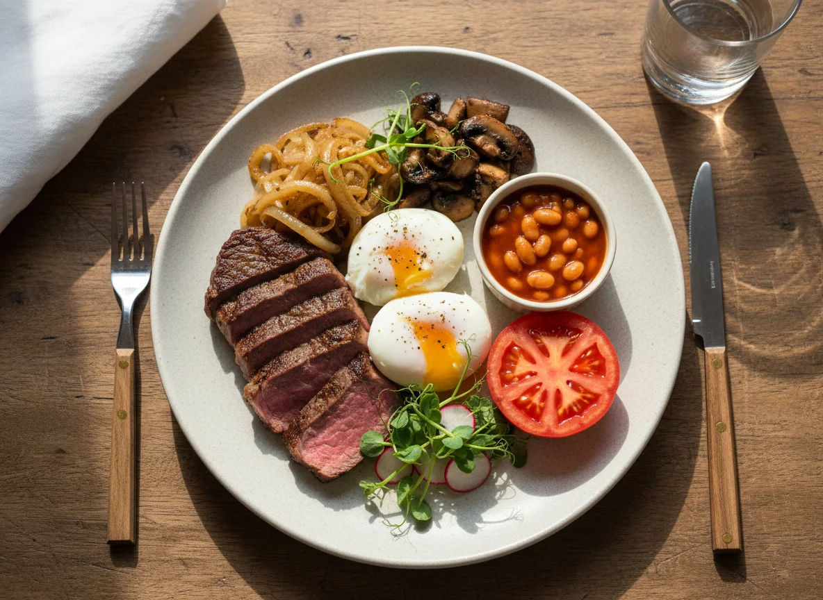 Breakfast Platter with Steak and Poached Eggs photo