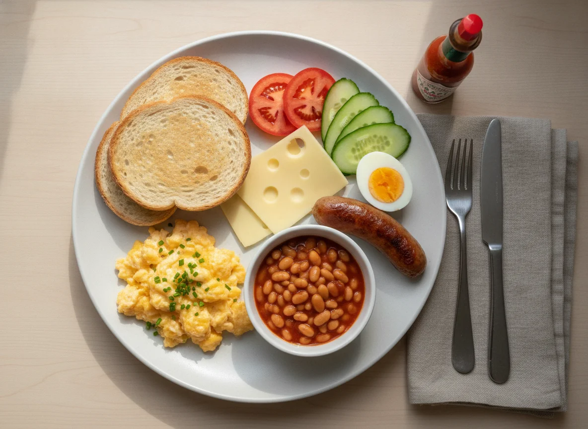 Breakfast platter with toast, eggs, beans, and sausage photo